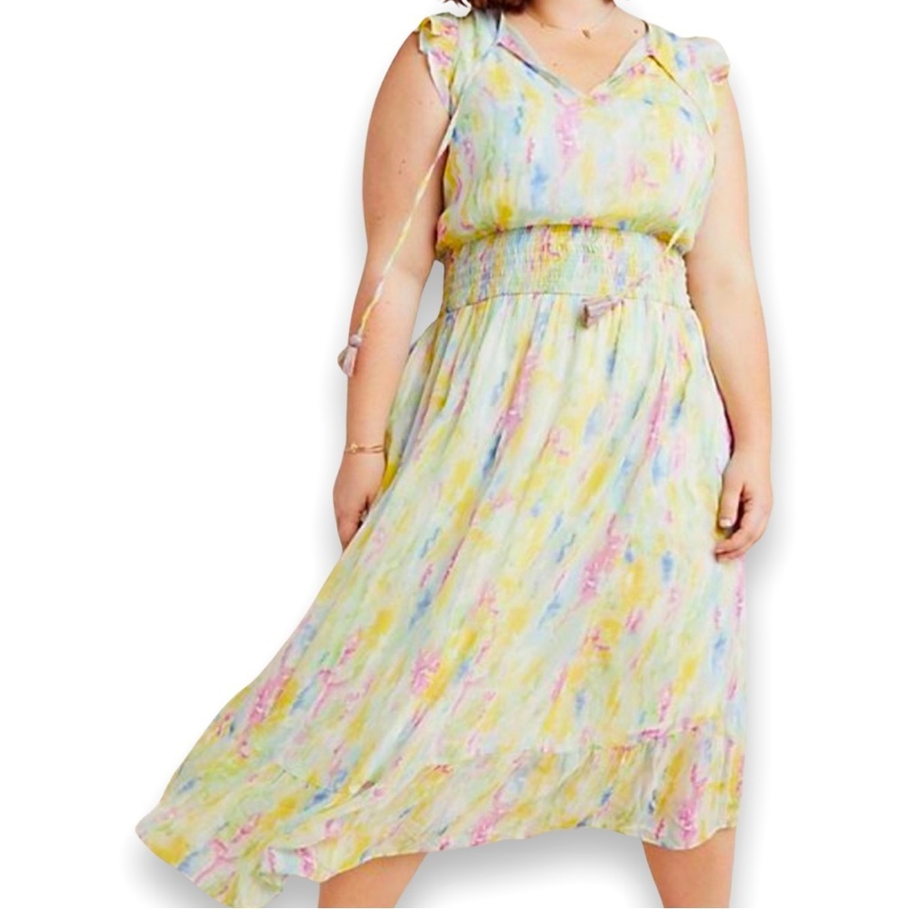 Anthropologie Pastel Watercolor Midi Dress in Yellow, Pink, Blue